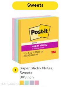 Contoh Alat Perlengkapan Kantor merk 3M Post-it , Gambar Produk 3M Post-it 654-4SSSWT Super Sticky Note Sweets 76x76mm 360 Sheets harga 50700 di Toko Peralatan Sekolah Murah