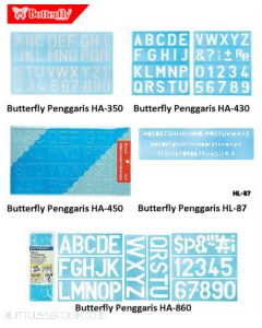 Contoh Butterfly Penggaris HL-87 Template mal size kecil cetakan sablon alphabetical huruf kecil besar kapital dan angka merek Butterfly